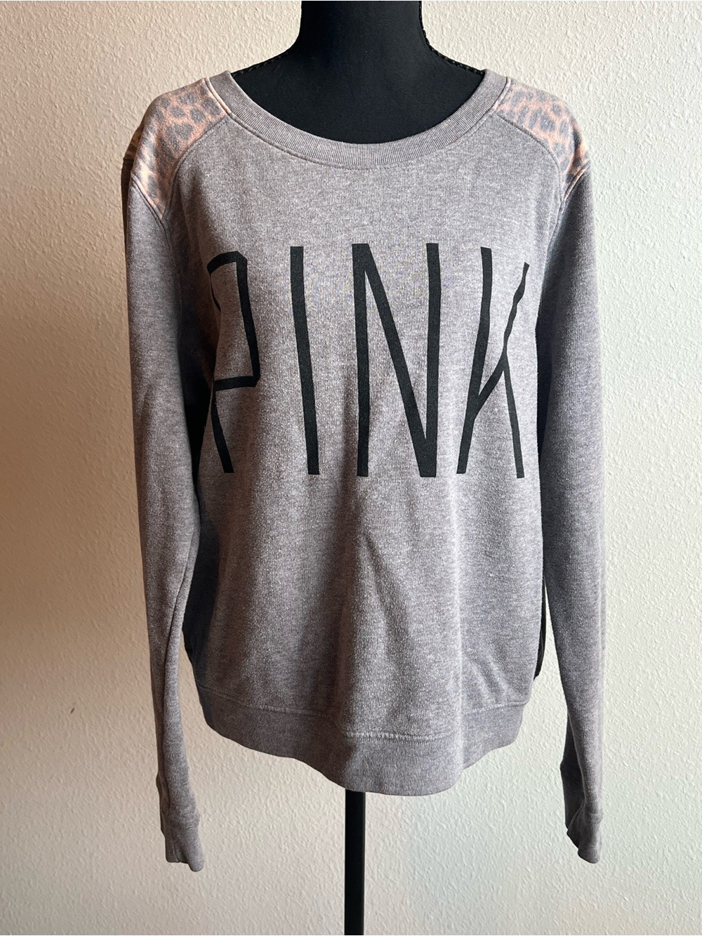 PINK Grey Graphic Crewneck Sweatshirt with Leopard Accent